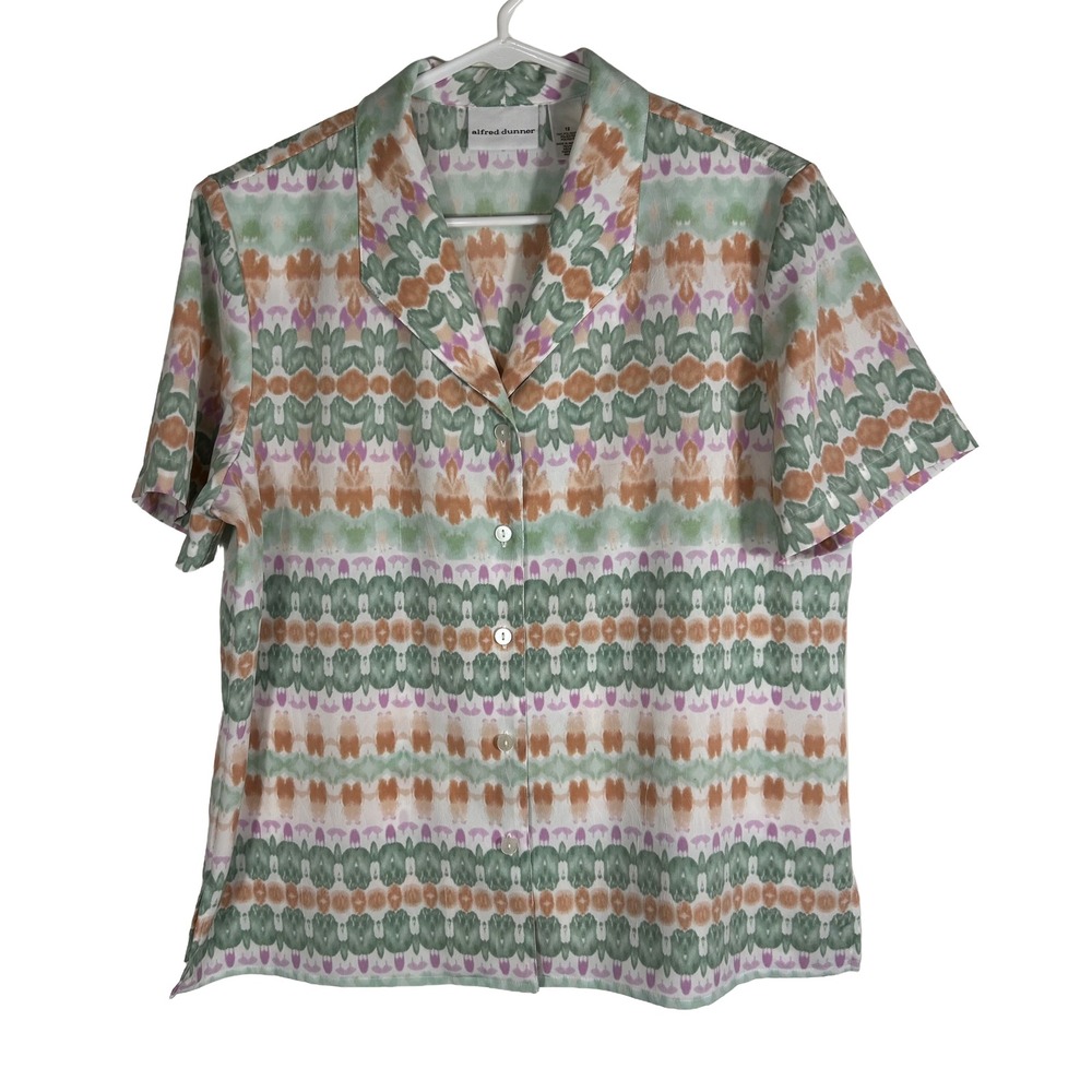 Alfred Dunner Womens 12 Green Orange Ikat Geometric Button Front Blouse Top‎